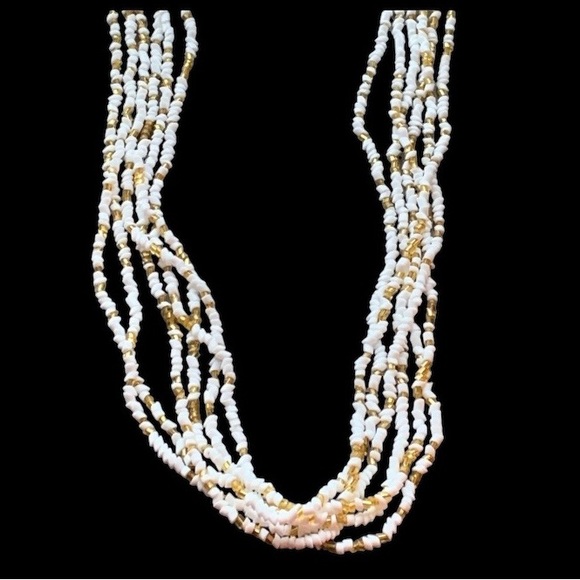 Jewelry - Vintage Six Strand White & Gold Glass Seed Bead Necklace Woman’s Jewelry